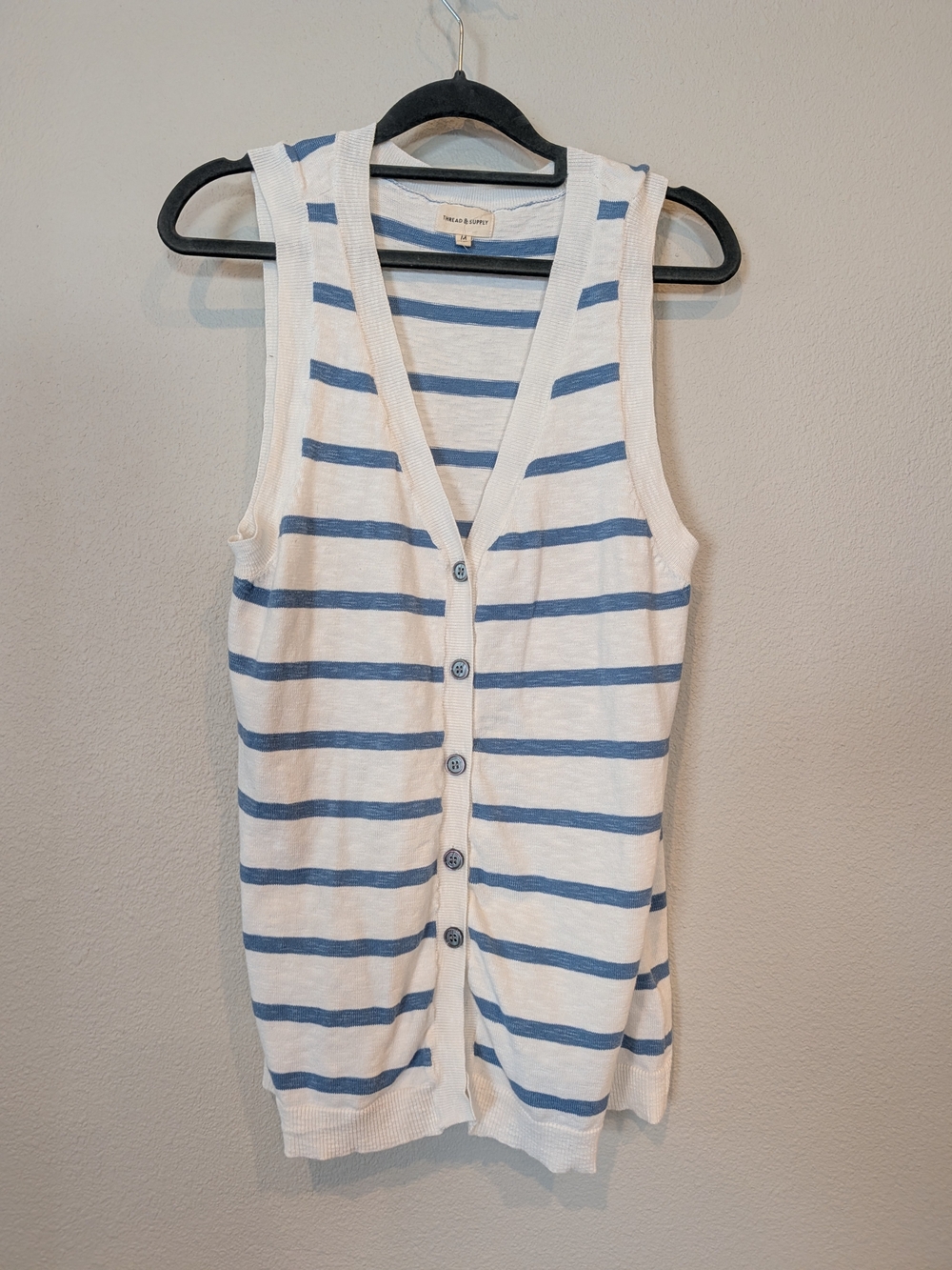 Thread & Supply Striped Button Front Sweater Tank Vest White Blue - Size M